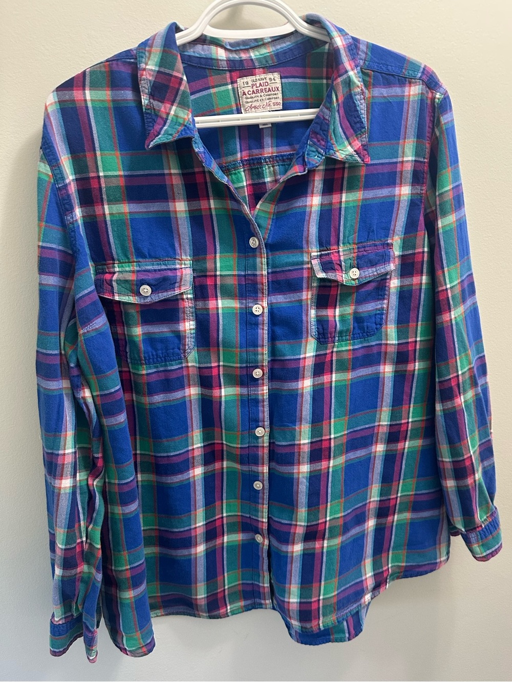 Old Navy Blue, Green & Pink Plaid Button-Down Shirt